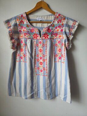 THML Blue and White Striped Embroidered Floral Cotton Blouse